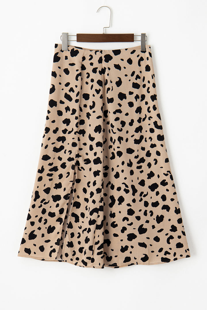 Leopard Spots Printed Split Hem Midi Skirt-Lastshoppingexit