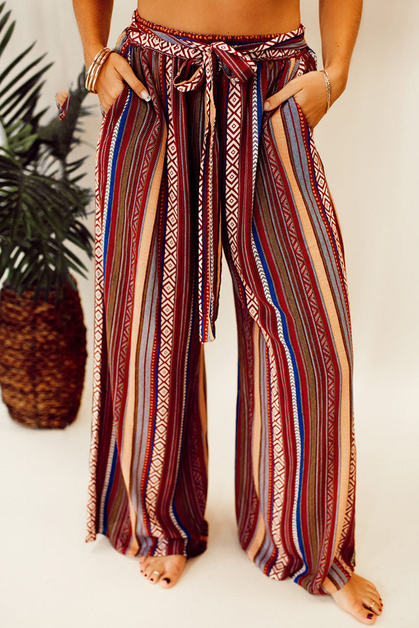 Ethnic Striped Print Tie Waist Wide Leg Pants-Lastshoppingexit