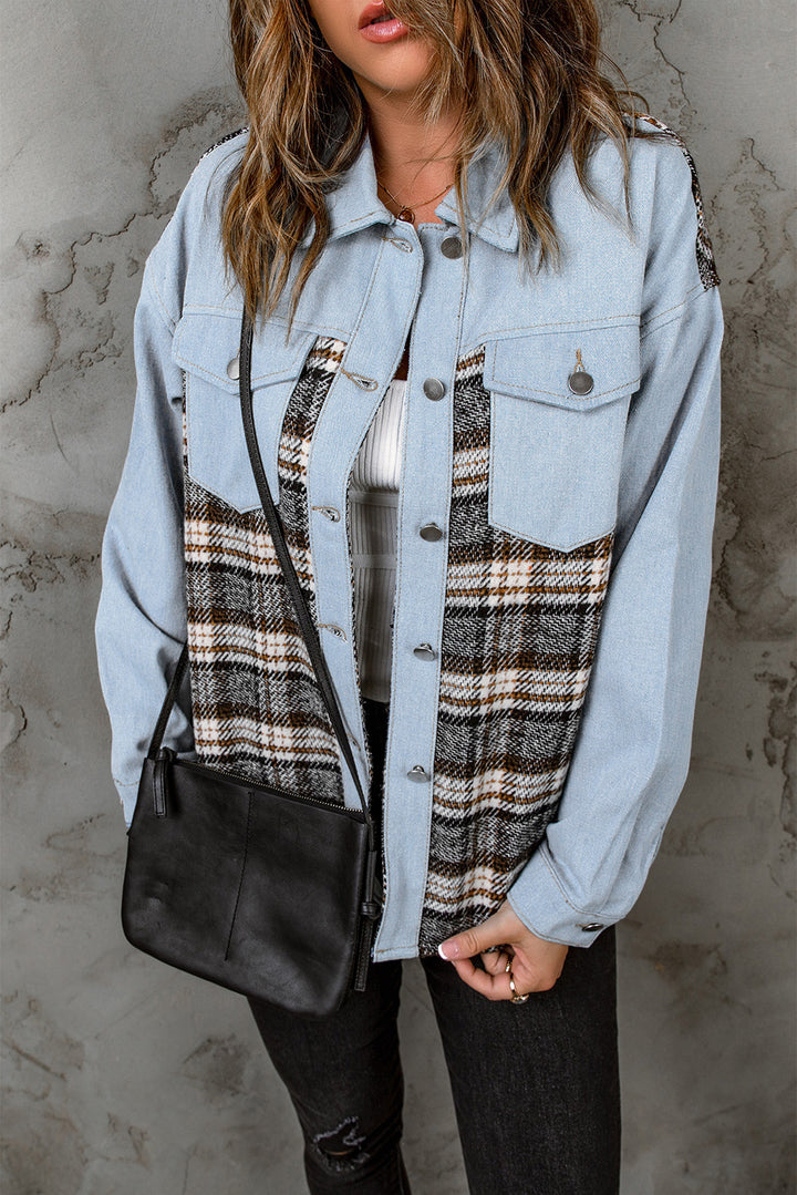 Plaid Patchwork Raw Hem Denim Jacket-Lastshoppingexit