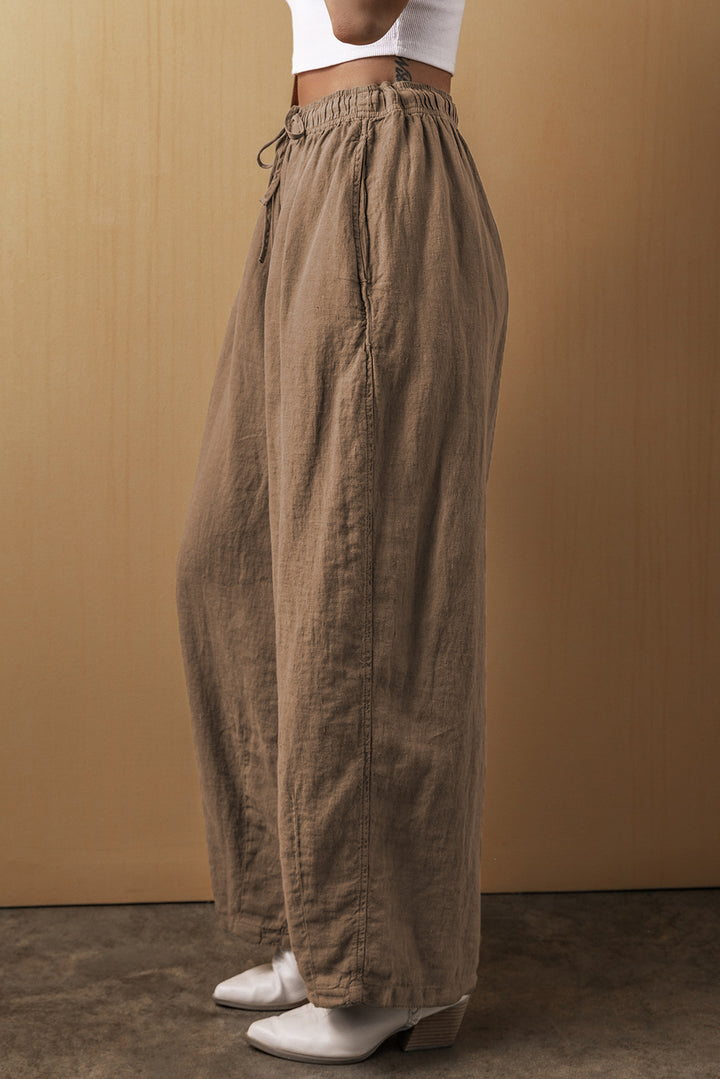 Palm Cotton Linen Drawstring Waist Wide Leg Pants-Lastshoppingexit