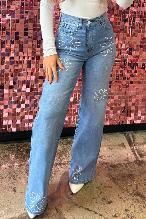 Floral Rhinestone Decor High Rise Wide Leg Jeans-Lastshoppingexit