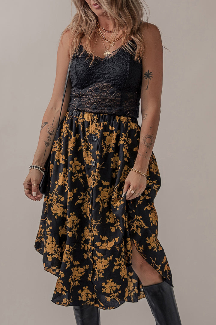 Printed Elastic Waist Button Decor Floral Ruffle Skirt-Lastshoppingexit