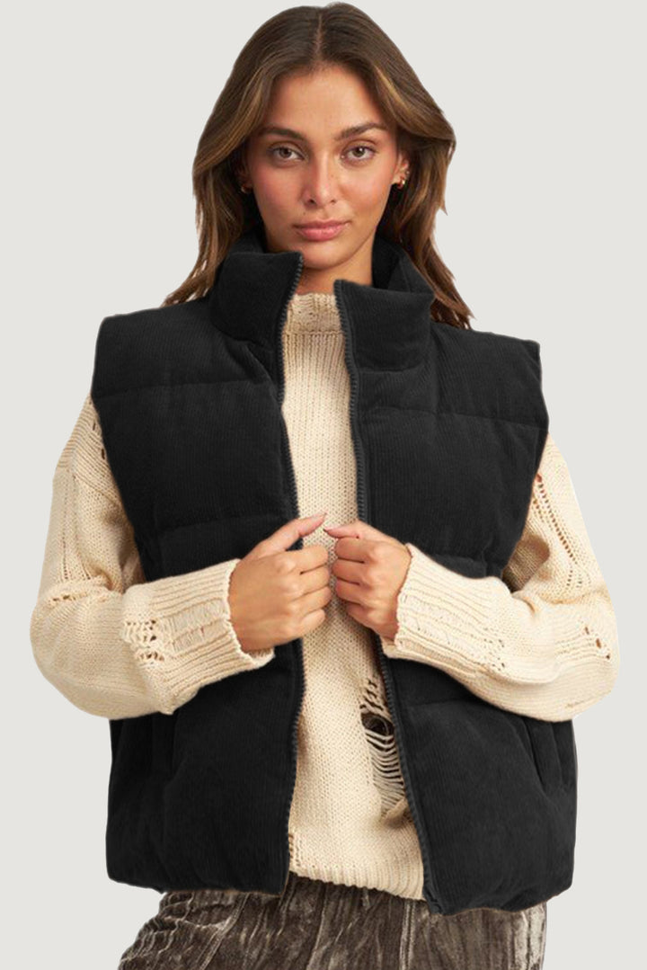 Corduroy Stand Neck Zipped Puffer Vest-Lastshoppingexit