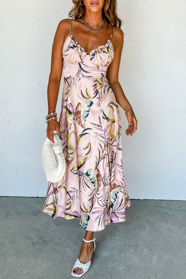 Apricot Tropical Print Spaghetti Straps Cupped Dress-Lastshoppingexit