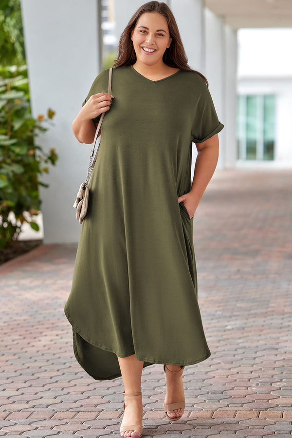 Plus Size V Neck Rolled Cuffs Maxi Dress-Lastshoppingexit