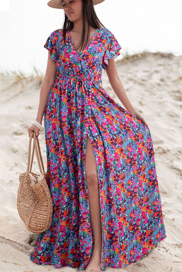 Floral Print V Neck Wrap Split Maxi Dress-Lastshoppingexit