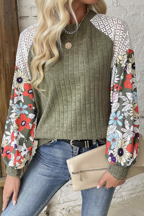 Floral Patchwork Long Sleeve Ribbed Blouse-Lastshoppingexit