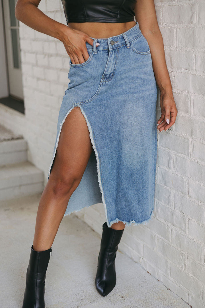 Frayed Slit Asymmetric Denim Midi Skirt-Lastshoppingexit