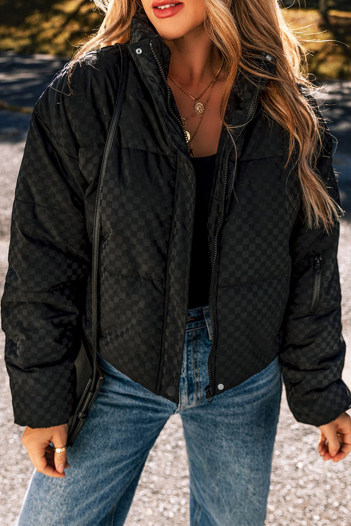 Checkerboard Full Zipper Puffer Jacket-Lastshoppingexit