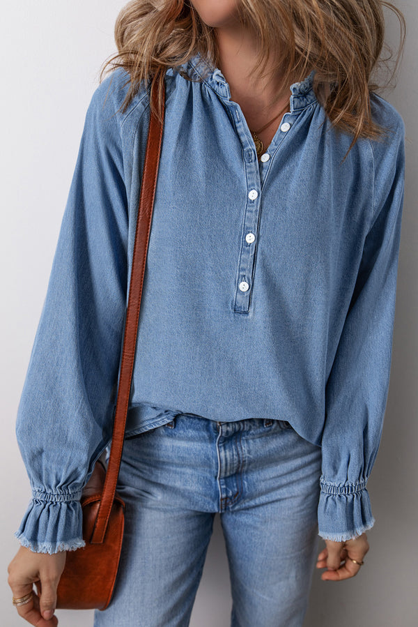 Frilled Raw Hem Half Buttoned Denim Top-Lastshoppingexit