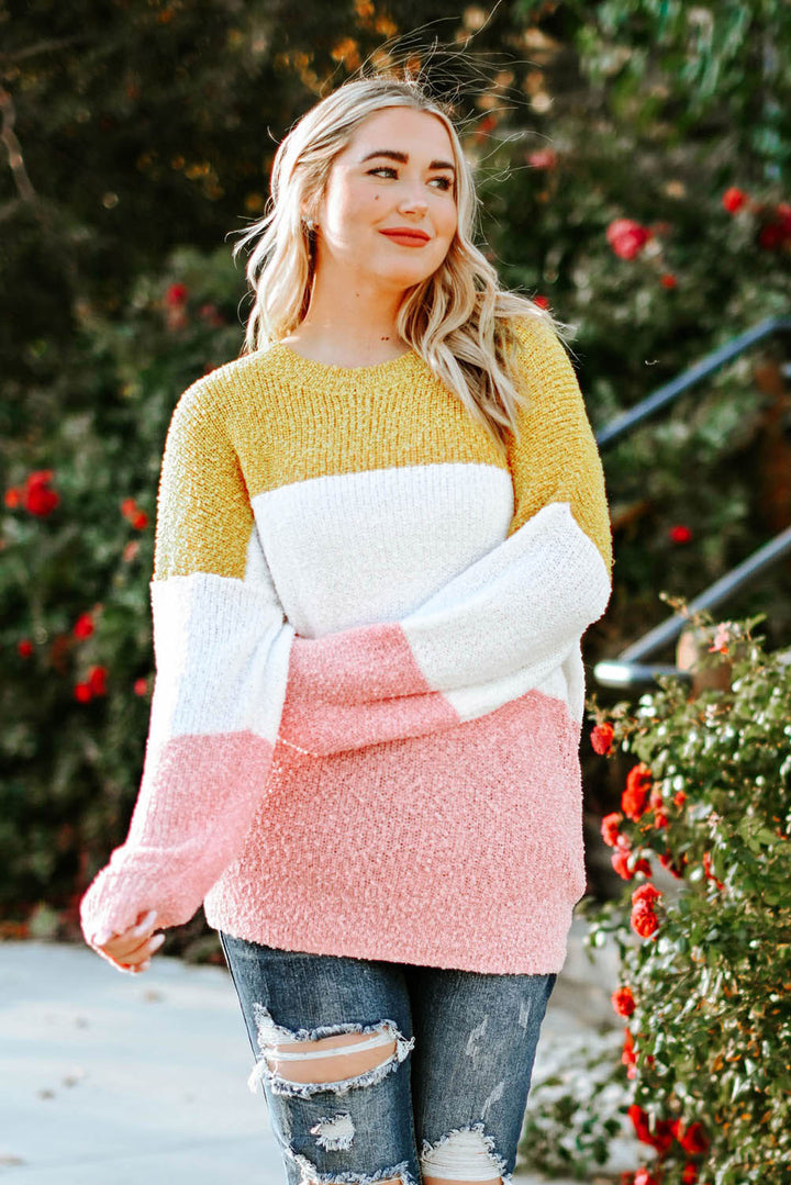 Color block Bubble Sleeve Plus Size Sweater-Lastshoppingexit