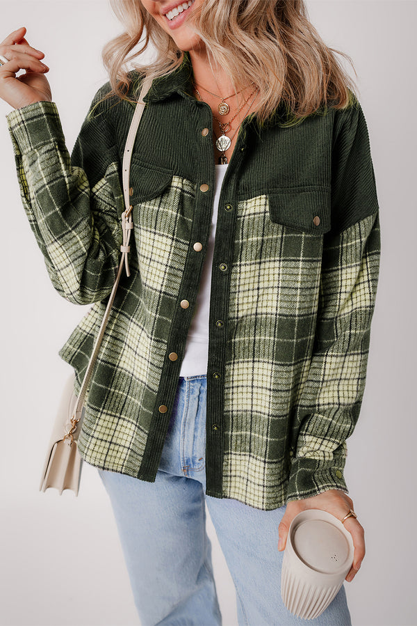 Blackish Snap Buttons Colorblock Plaid Shacket-Lastshoppingexit