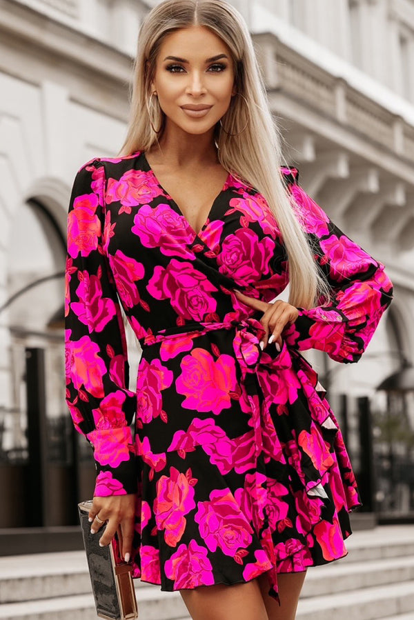 Floral Print V Neck Wrap Bishop Sleeve Ruffle Tiered Mini Dress-Lastshoppingexit