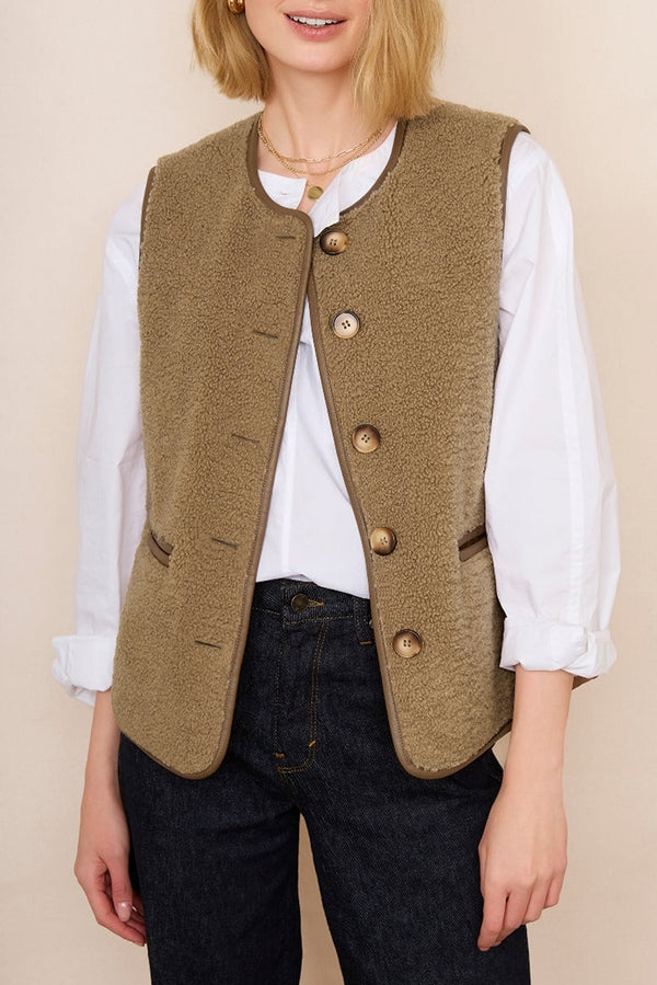 Leather Contrast Side Pockets Buttoned Fleece Vest-Lastshoppingexit