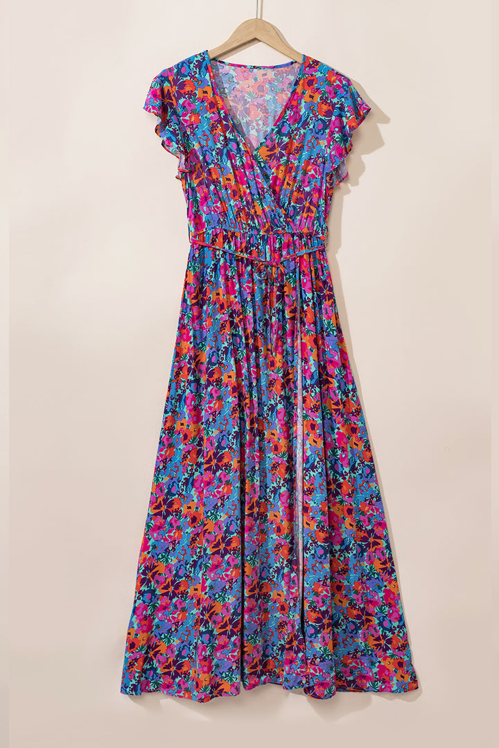 Floral Print V Neck Wrap Split Maxi Dress-Lastshoppingexit