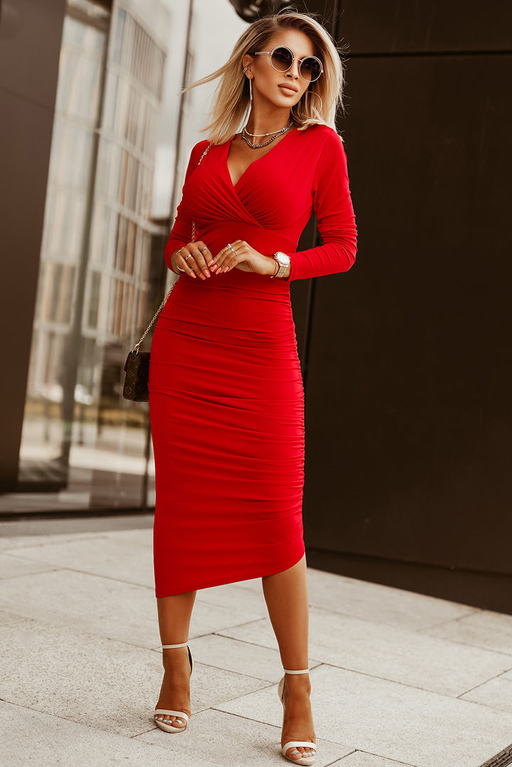 Long Sleeves Wrap V Neck Sheath Bodycon Dress-Lastshoppingexit