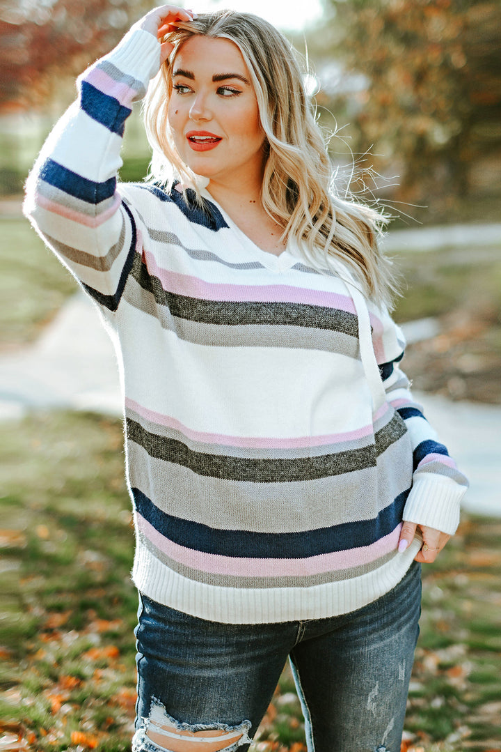 Stripe Plus Size Striped Hooded Knit Sweater-Lastshoppingexit