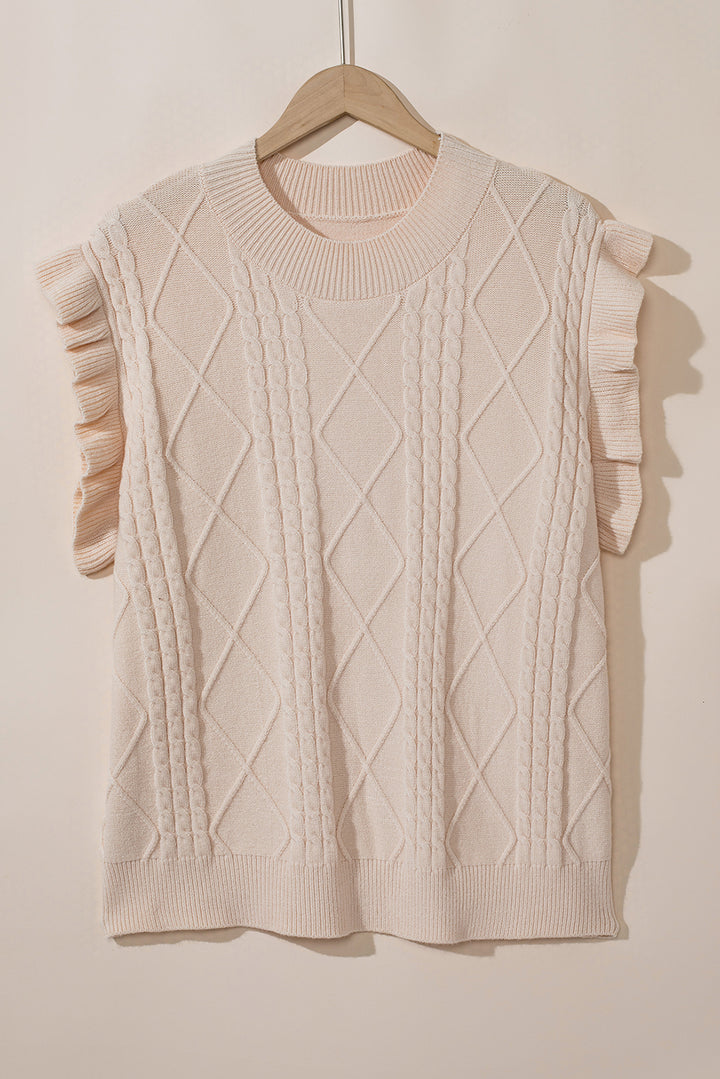 Oatmeal Plus Cable Knit Short Ruffled Sleeve Mock Neck Sweater-Lastshoppingexit