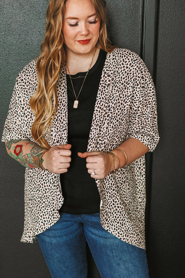 Plus Size Leopard Print Half Sleeve Open Front Cardigan-Lastshoppingexit