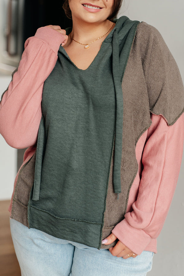 Breen Plus Size Colorblock Patchwork V Neck Hoodie-Lastshoppingexit