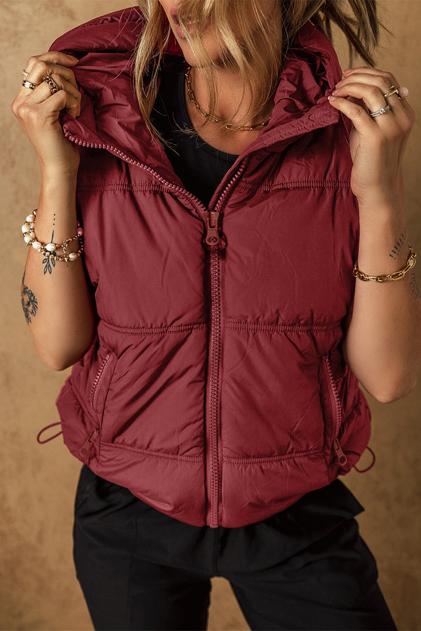 Zip-up Side Pockets Hooded Puffer Vest-Lastshoppingexit