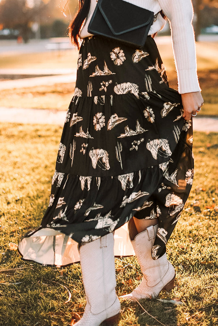 Western Print Tiered Ruffled High Waist Maxi Skirt-Lastshoppingexit