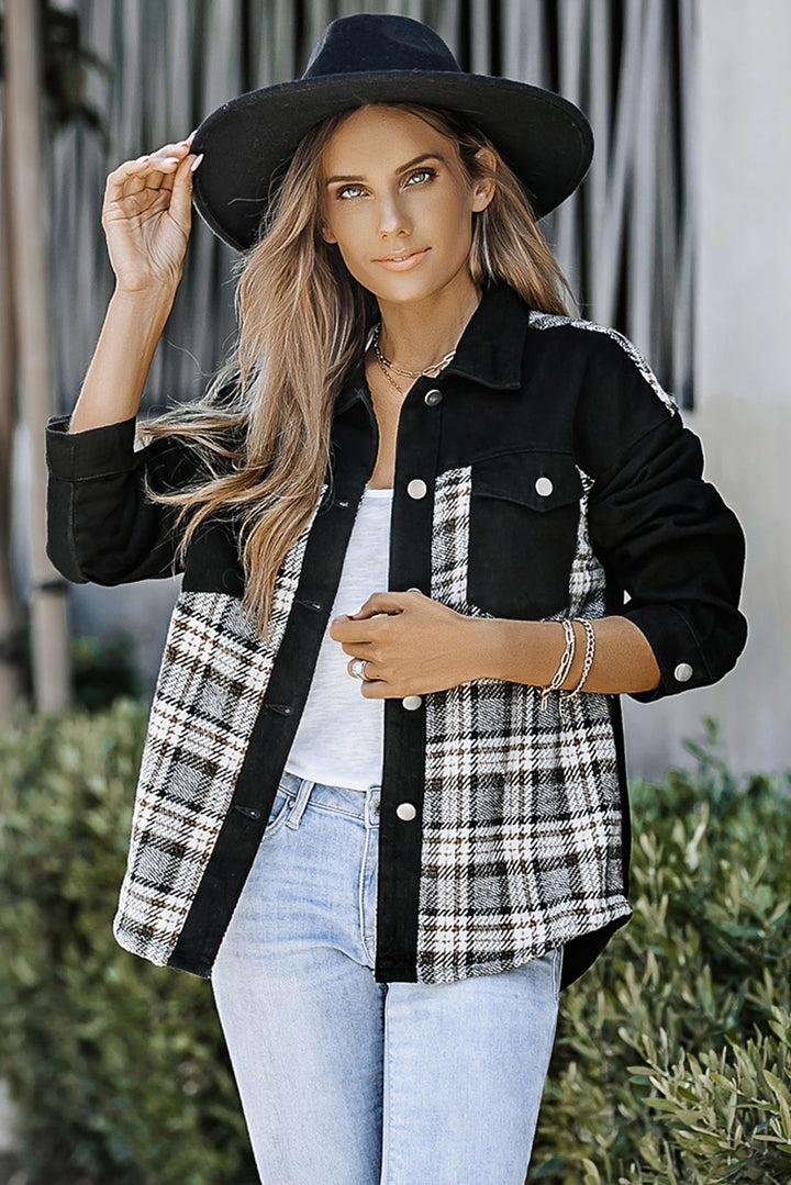 Plaid Patchwork Raw Hem Denim Jacket-Lastshoppingexit