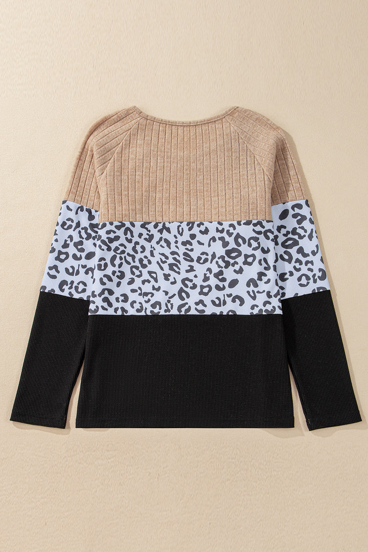 Cheetah Textured Patchwork Buttoned Round Neck-Lastshoppingexit