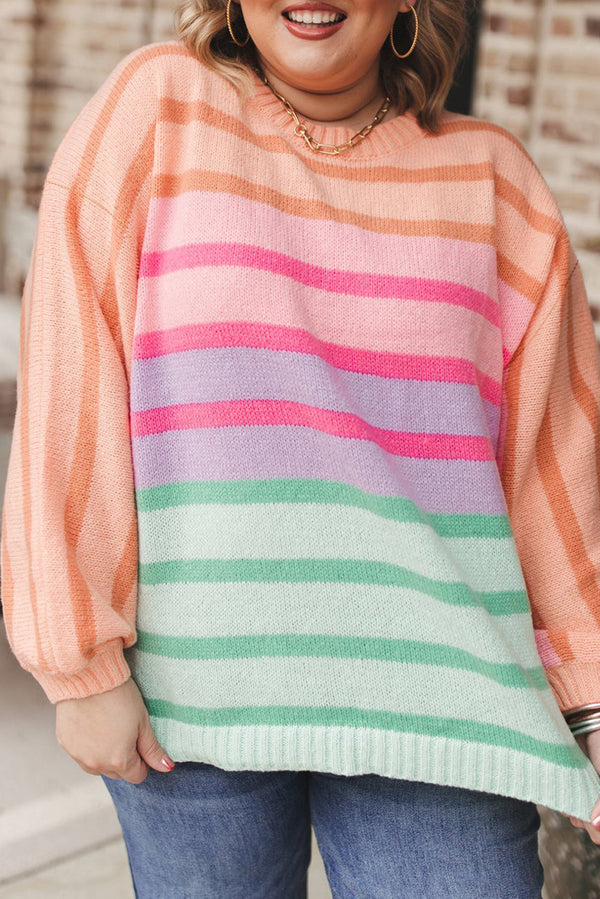 Stripe Color Block Balloon Sleeve Crewneck Plus Size Sweater-Lastshoppingexit