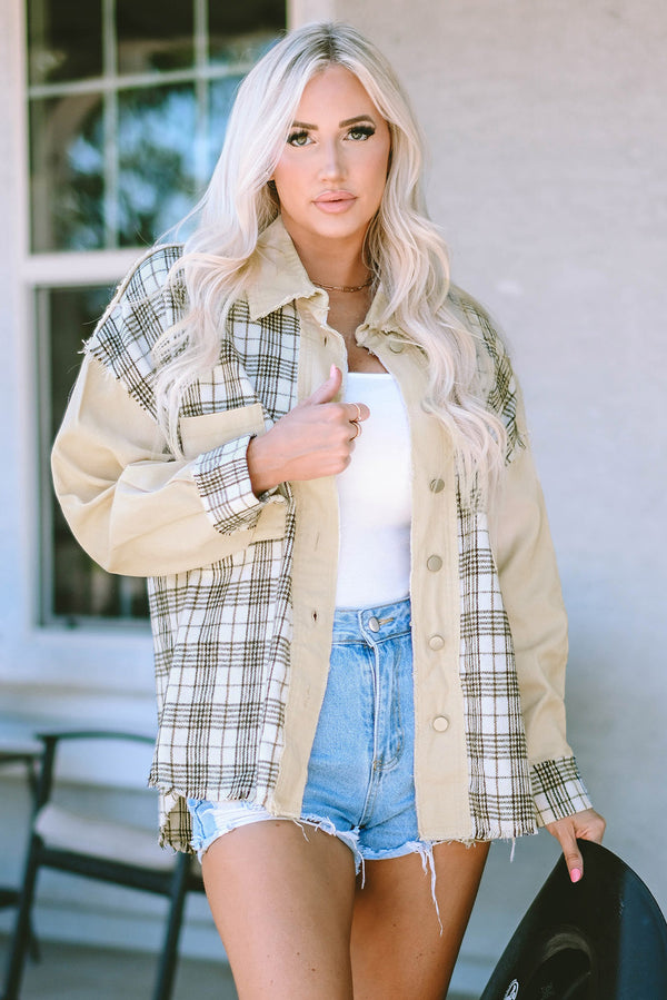 Distressed Raw Edge Plaid Patchwork Denim Jacket-Lastshoppingexit