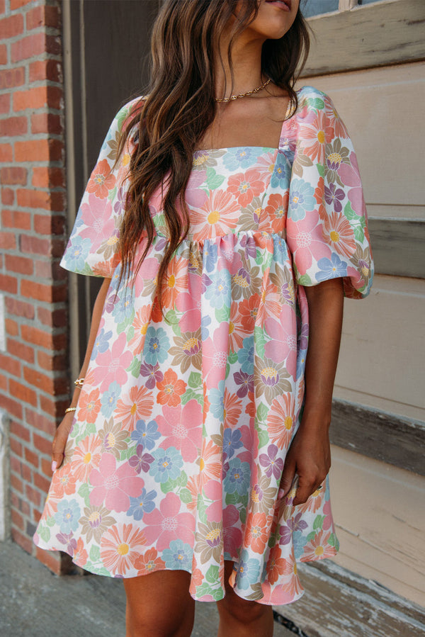 Summer Floral Square Neck Puff Sleeve Dress-lastshoppingexit