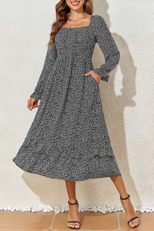 Floral Printed Long Sleeve Square Neck Midi Dress-Lastshoppingexit