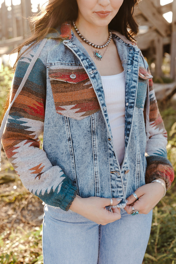 Aztec Print Frayed Hem Denim Jacket-Lastshoppingexit