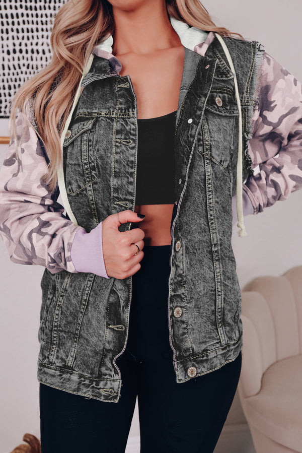 Camo Sleeve Hooded Buttoned Denim Jacket-Lastshoppingexit