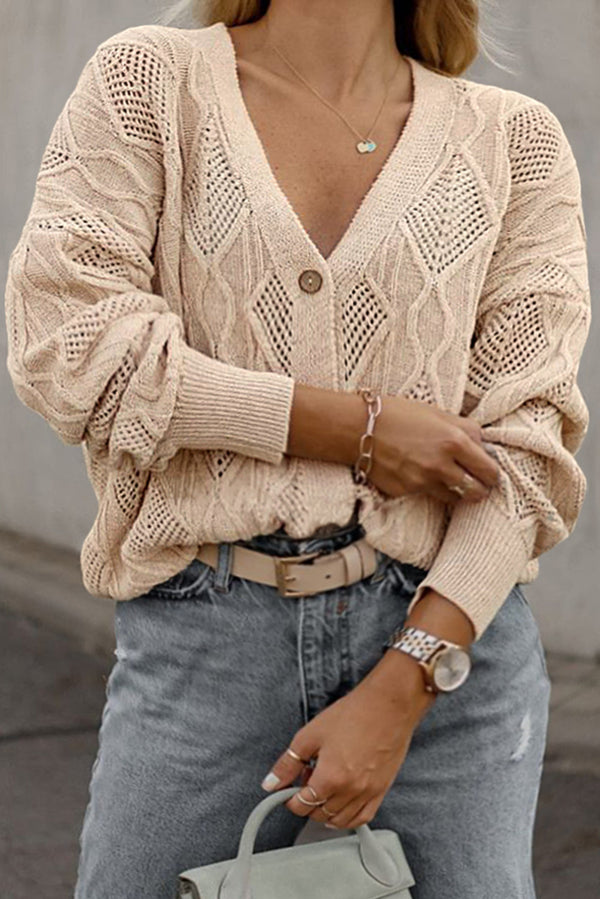 Apricot Plus Size Knitted Hollow out Button up Cardigan-Lastshoppingexit