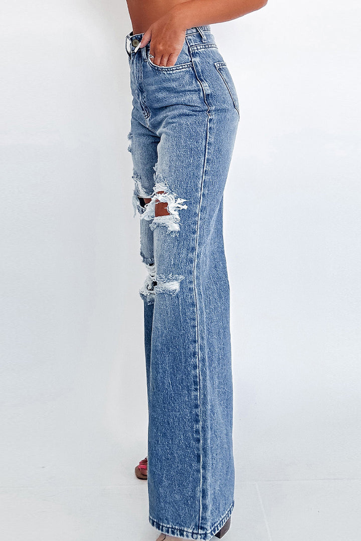 Acid Wash Distressed Wide Leg High Waist Jeans-Lastshoppingexit