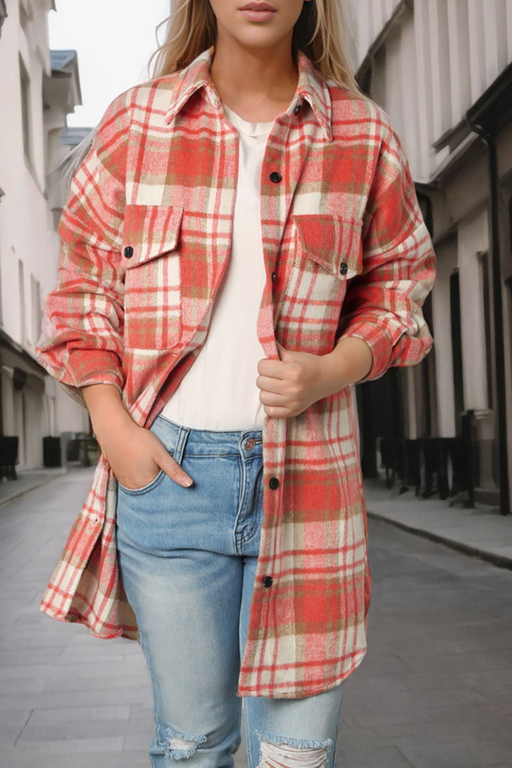 Plaid Flap Pocket Long Sleeve Shacket-Lastshoppingexit