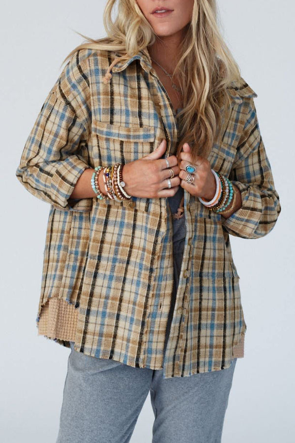 Waffle Knit Patchwork Hooded Plaid Shacket-Lastshoppingexit