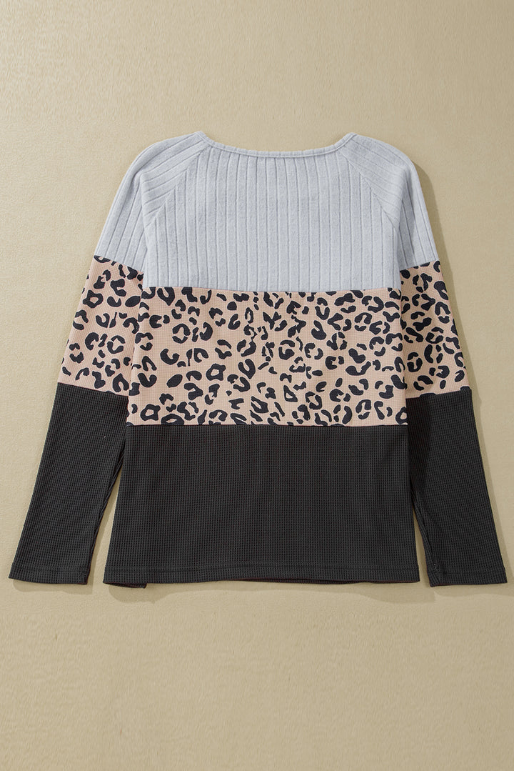 Cheetah Textured Patchwork Buttoned Round Neck-Lastshoppingexit