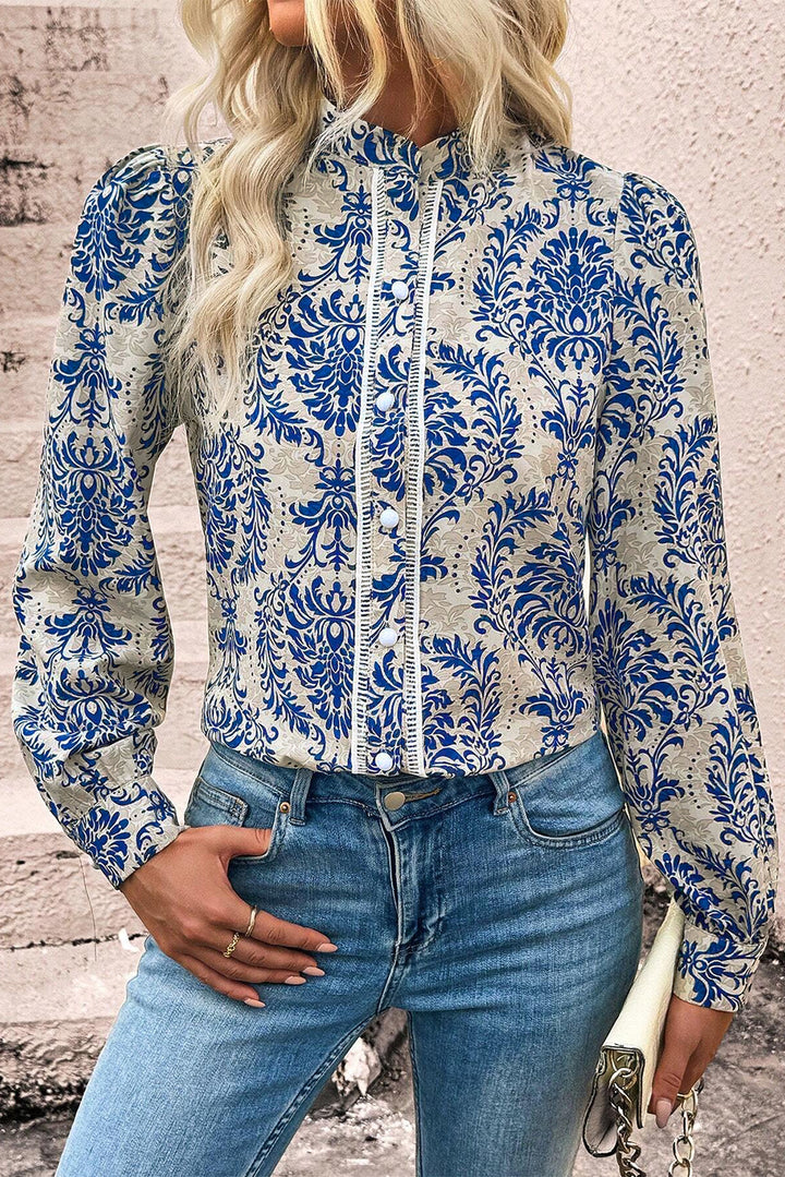 Bohemian Printed Bishop Sleeve Lace Shirt-Lastshoppingexit