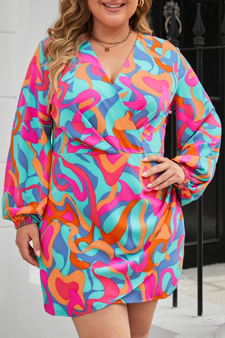 Plus Size Abstract Print Pleated Surplice Long Sleeve Dress-Lastshoppingexit