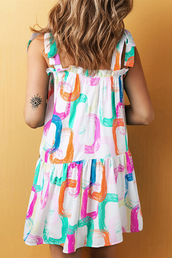 Abstract Print Knotted Straps Ruffled Mini Dress-Lastshoppingexit