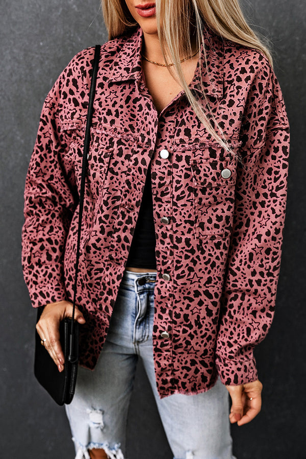 Stars & Animal Spots Print Button Up Denim Shacket-Lastshoppingexit