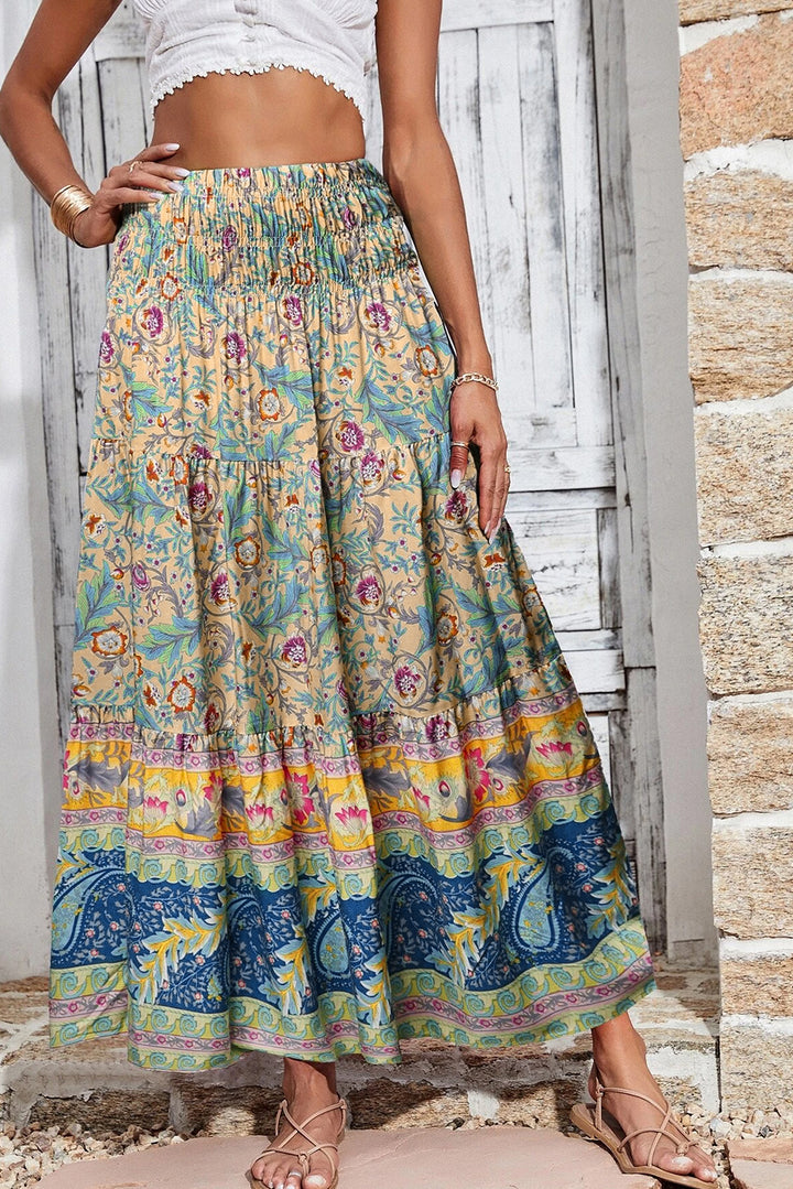 Floral & Paisley Print Shirred Waist Long Skirt-Lastshoppingexit