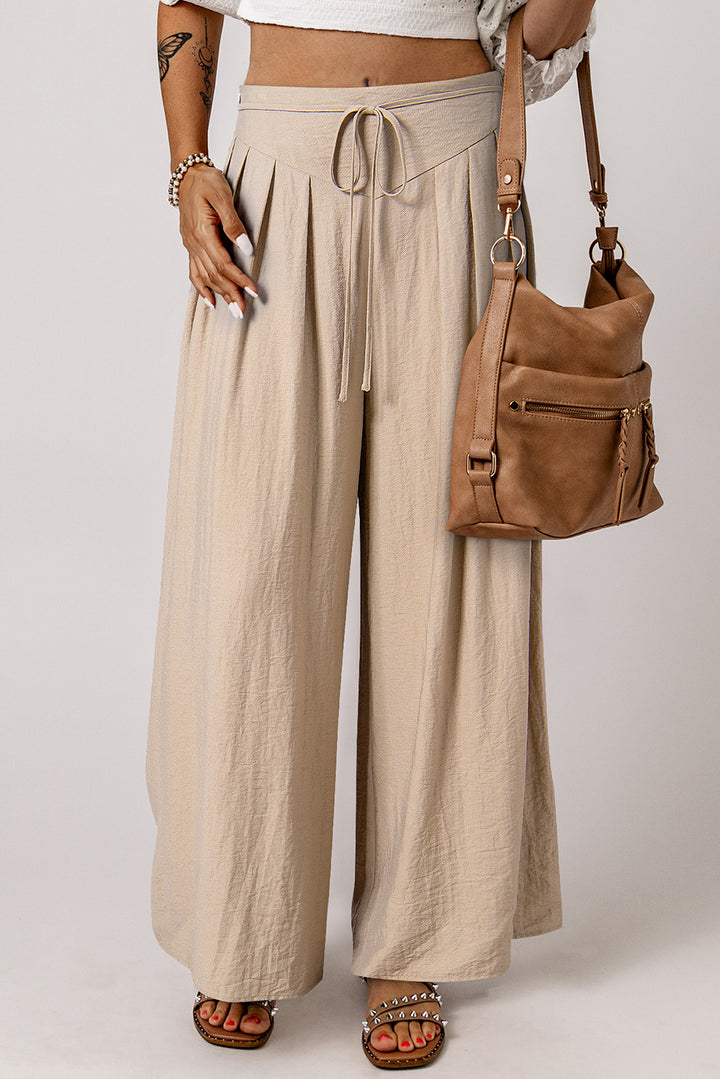 Drawstring Waist Pleated Wide Leg Casual Pants-Lastshoppingexit