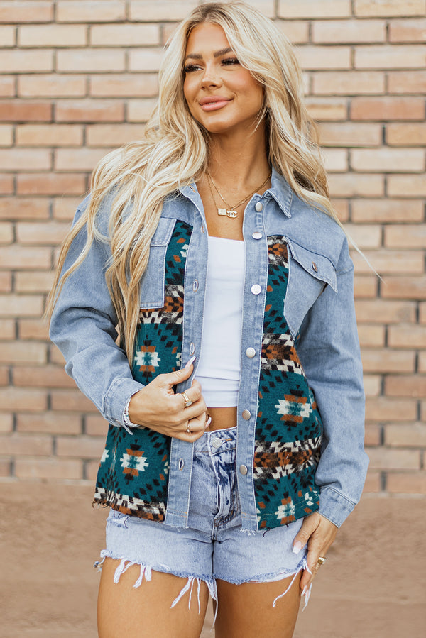 Aztec Printed Denim Jacket-Lastshoppingexit