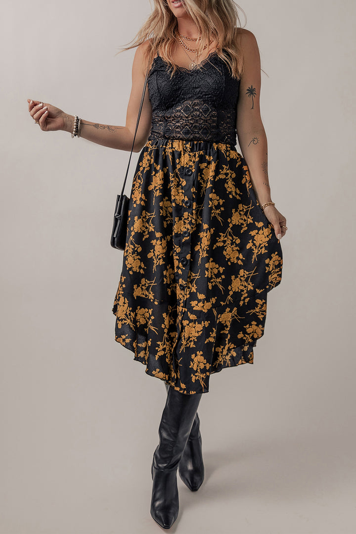 Printed Elastic Waist Button Decor Floral Ruffle Skirt-Lastshoppingexit