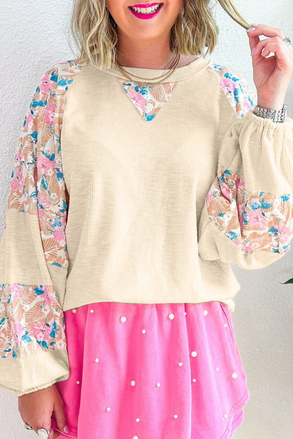 Textured Floral Patchwork Balloon Sleeve Blouse-Lastshoppingexit