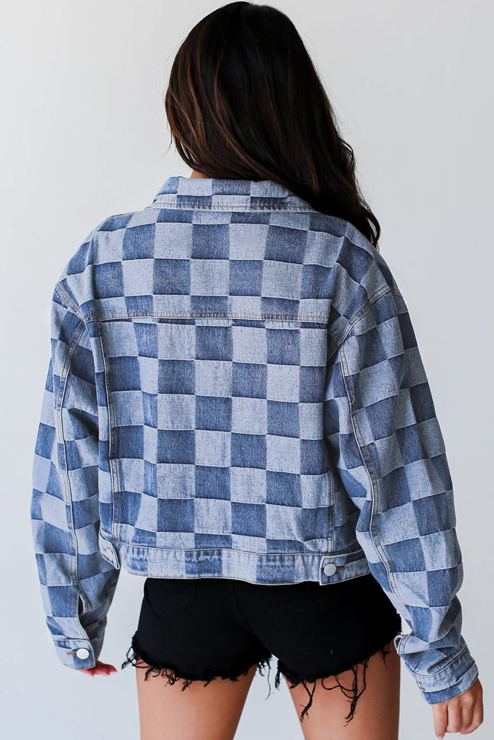 Checkered Patchwork Button up Denim Jacket-Lastshoppingexit