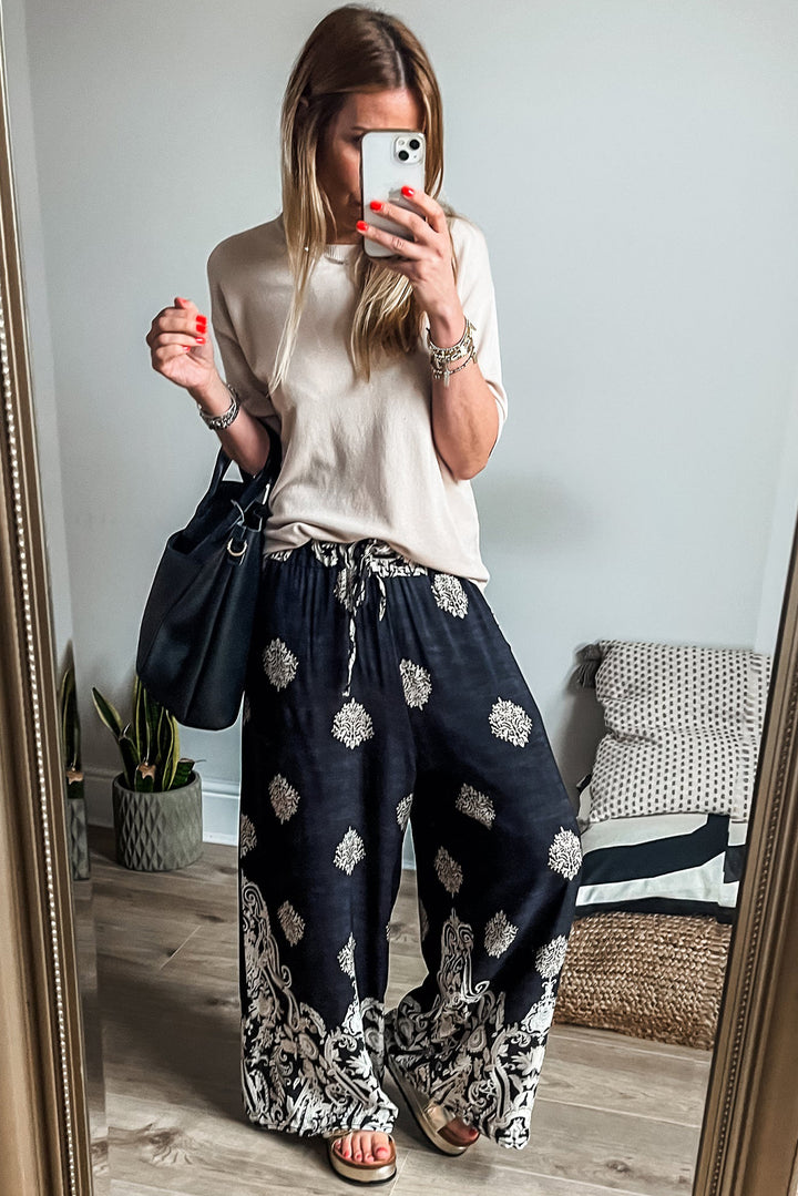 Bohemian Printed Drawstring Waist Wide Leg Pants-Lastshoppingexit